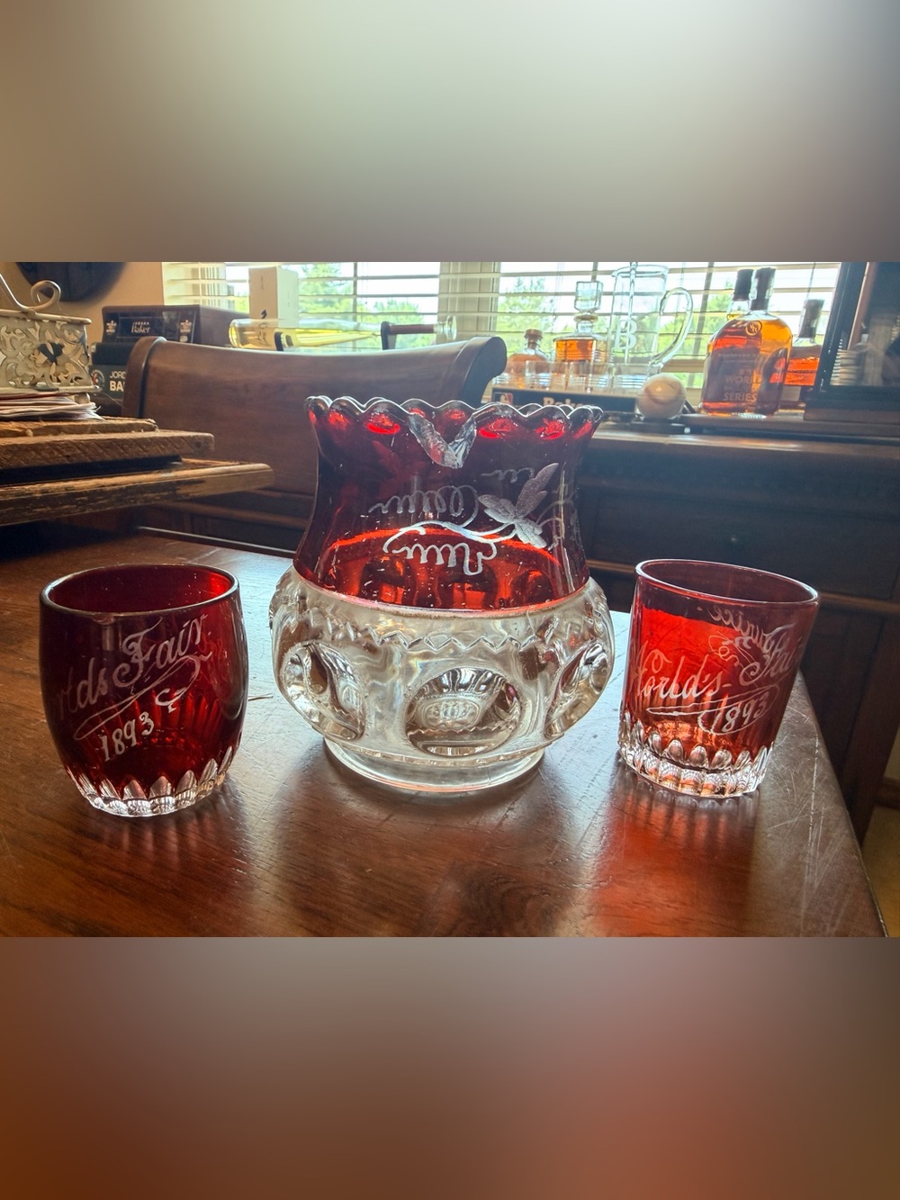 Vintage 1893 World Fair Ruby Red and Clear Etched Glass Votive / Candy Dish - Picture 1 of 6
